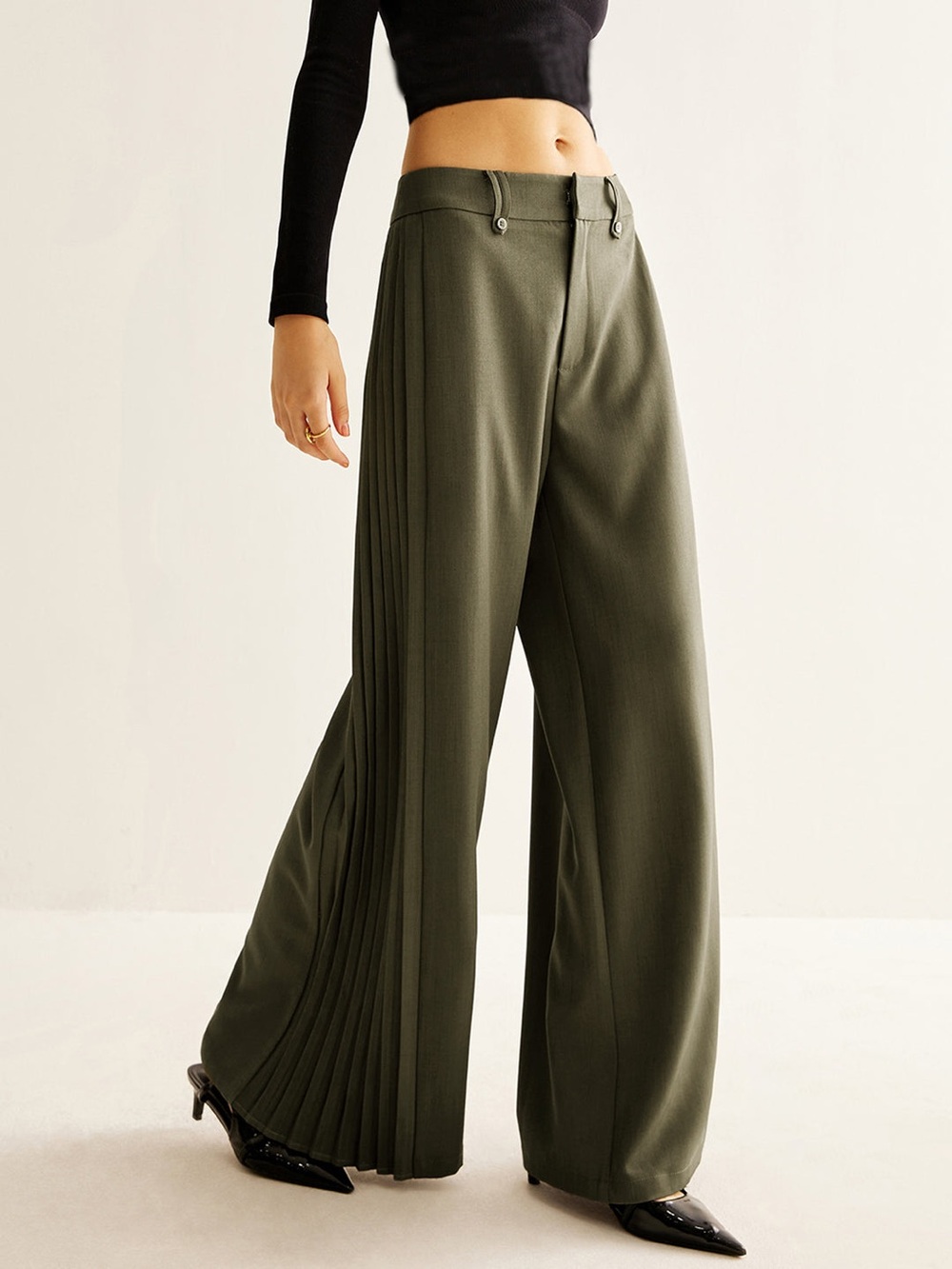 Commense Olive Green Pleated Wide Leg Pants High Rise Palazzo Trousers M